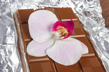 Milk chocolate and blooming orchid on silver foil