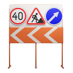 Stand with traffic signs on white background. 3d illustration