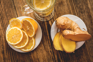 Raw ginger on wood table