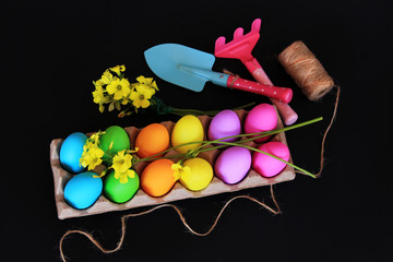 Colored Easter eggs with gardening tools, children gardening shovel, rake, rope and spring yellow flowers