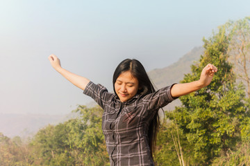 Women relax in nature, freedom concept