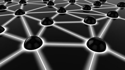 Black spheres connected with white glowing lines network concept