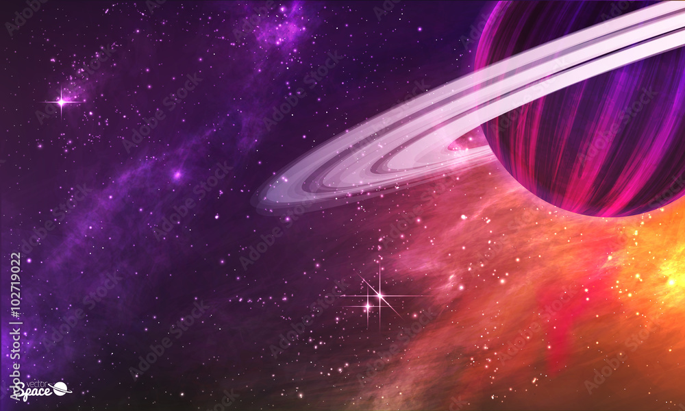 Wall mural saturn-like planet with asteroid belt on colorful outer space background. vector illustration.
