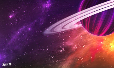 Fototapeta premium Saturn-like planet with asteroid belt on colorful outer space background. Vector illustration.