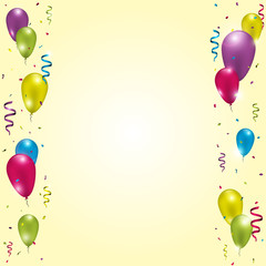 Colorful balloons with ribbons and confetti on golden background. Vector illustration.