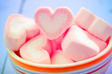 Pink heart shape of marshmallow with filter effect retro vintage