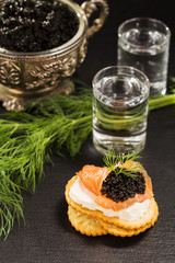Black caviar served on crackers with vodka and additives