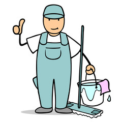 Mann von Reinigungsservice hält Daumen hoch