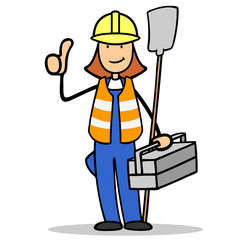 Frau als Bauarbeiterin hält Daumen hoch