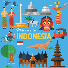 Flat design, Illustration of Indonesia icons and landmarks