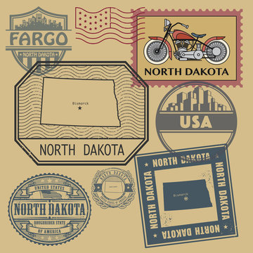 Stamp with the name and map of North Dakota, United States