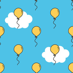 Cute colorful sky seamless pattern background with cartoon balloons and clouds.
