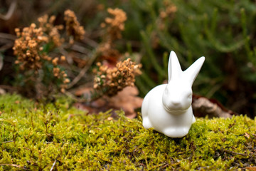 porcelain easter bunny on green moss