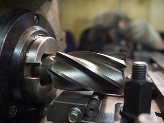 Old geen  milling machine, closeup, metalworking 