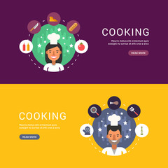 Fototapeta premium Food and Cooking Icons and Chef Cartoon Character in Circle. Set of Vector Templates in Flat Design Style for Web Banners