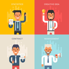 Set of Business Concepts with Businessman Cartoon Characters. Statistics, Creative Idea, Contract, Management. Vector Illustration in Flat Design Style