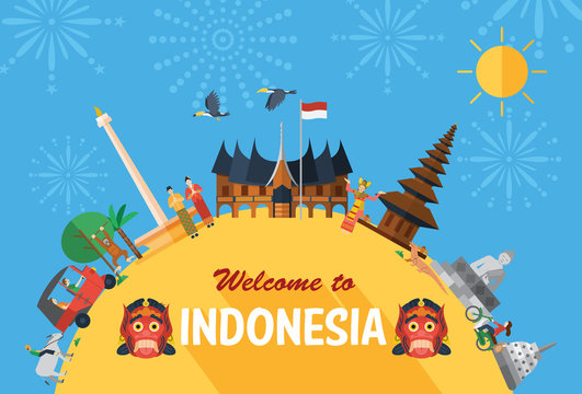 Flat design, Illustration of Indonesia icons and landmarks
