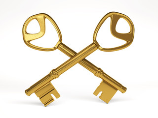 Two gold keys on white background. 3d rendering