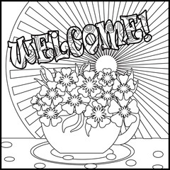Tea background Welcome with cup and flowers. Pattern for menu, w