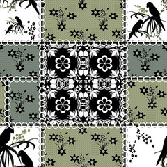 Patchwork seamless retro pattern texture background with parrots
