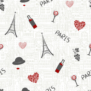 Love in Paris background. Seamless pattern with wineglasses, eiffel tower, grapes and hearts. 