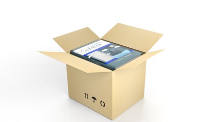 Book Creative Children with illustrated cover inside an open cardboard box, on white background.