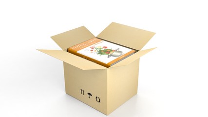 Book on Healthy Cooking with illustrated cover inside an open cardboard box, on white background.