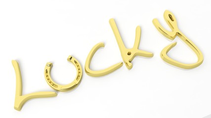 Lucky word written in gold with horseshoe as a U, isolated on white background.