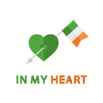 Vector Modern Arrow with Ireland Flag in green Heart sign,symbol,icon with text In my Heart in flat style isolated on a white background .St. Patrick Day