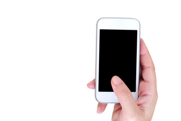 Hand holding smart phone isolated on white background