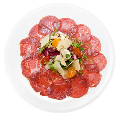 Carpaccio of beef, mushrooms, ruccola and cheese
