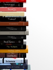 High stack of books with various subjects, isolated on white background.