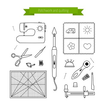 Patchwork Line Icons Set. Quilting Supplies And Accessories Icons. Vector Outline Icon Collection