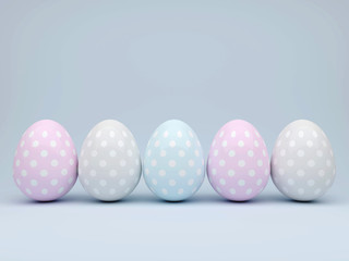 3d elegant pastel Easter eggs lying on wooden desk
