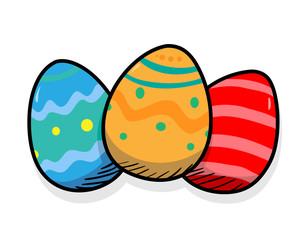 Easter Eggs, a hand drawn vector illustration of three colorful Easter eggs with a light shadow backdrop.