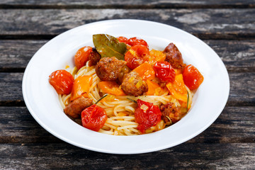 Sausage Pasta spaghetti with summer vegetables