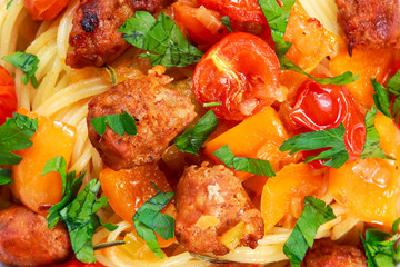 Sausage Pasta spaghetti with summer vegetables