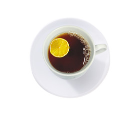 cup of tea with lemon slice isolated on white