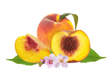 Fresh juicy peaches over green leaves with flowers isolated on w