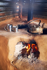 Traditional preparation of tea on clay oven Nepal