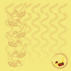 Fototapeta premium Burgundy contours of bananas and strawberries, vertical waves on light yellow background, painting. Fruit, juice, background, packaging design, product packaging, product label, clip art, vector