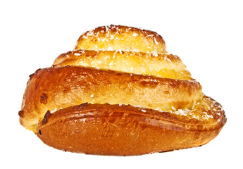 Tasty bun with coconut and lemon on a white background