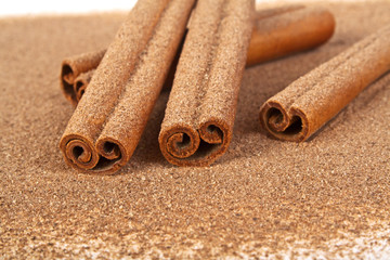 Cinnamon sticks on cinnamon powder