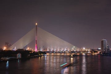 Fototapeta na wymiar Rama VIII Bridge at twilight , The cable-stayed bridge crossing the Chao Phraya River in Bangkok, Thailand