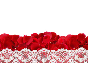 beautiful red rose petals and lace isolated on white background
