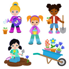 Girls planting flowers and working in the garden.Vector illustration isolated on white background.