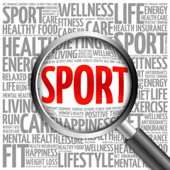 SPORT word cloud with magnifying glass, health concept