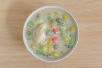 Thai style dessert,four colour rice cumpling in coconut milk