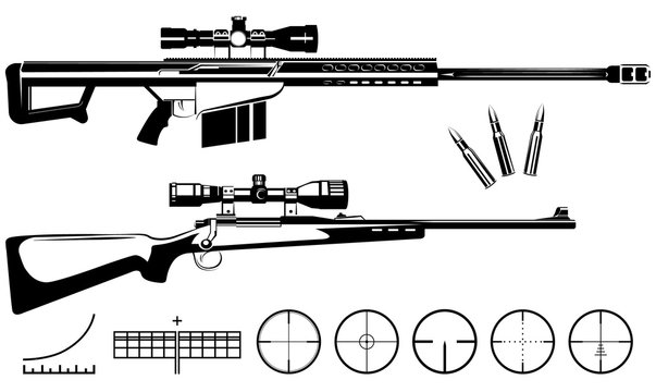 Set of firearms sniper rifles and targets