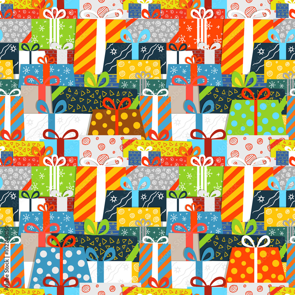 Poster different gift boxes seamless vector pattern